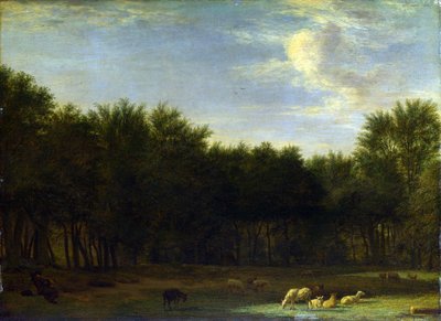 De Rand van een Bos, met een Slapende Herder, Schapen en Geiten door Adriaen van de Velde